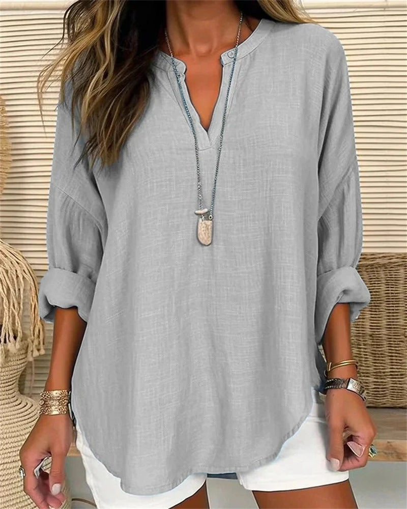 LOUISE – Chemise ample en coton et lin à col montant