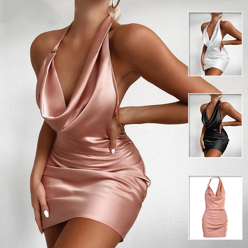 LÉNA – Robe de soirée en satin dos nu à col en V sans manches coupe mini