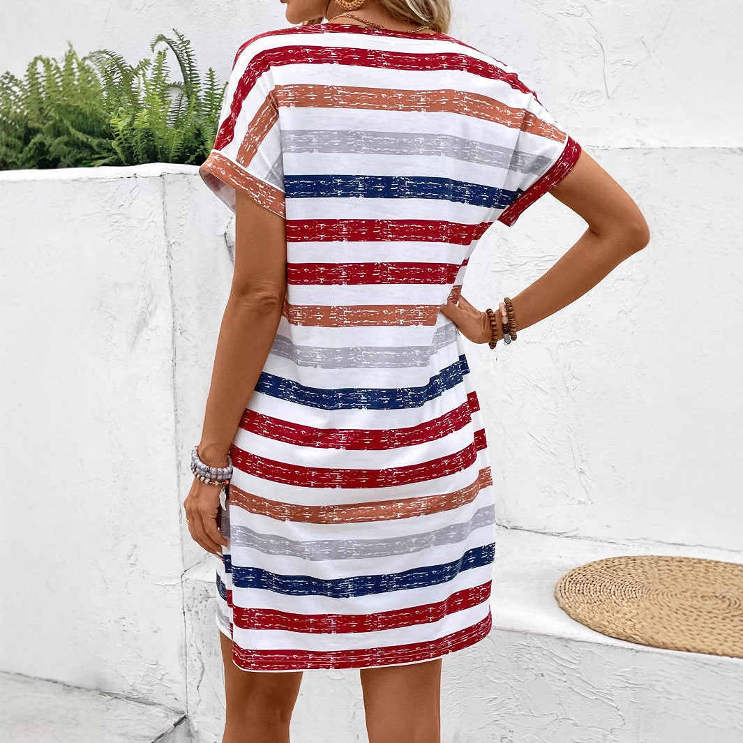 ÉLODIE – Robe d'été à rayures multicolores pour femme avec boutons et col en V Style décontracté chic