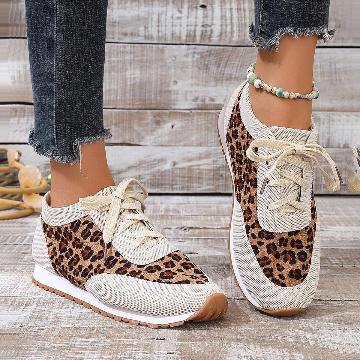 Baskets à lacets avec imprimé léopard – Style sportif et décontracté pour femmes