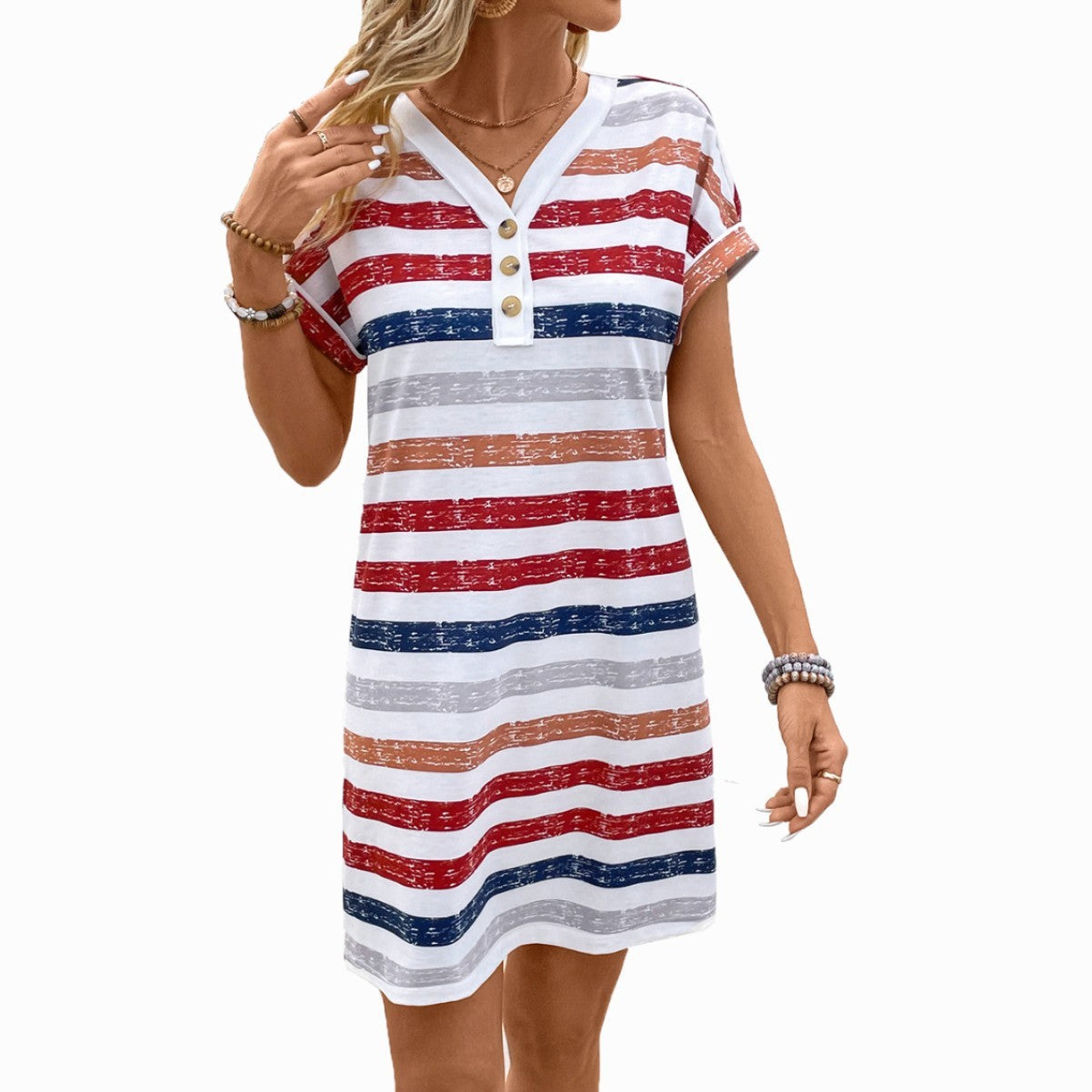 ÉLODIE – Robe d'été à rayures multicolores pour femme avec boutons et col en V Style décontracté chic