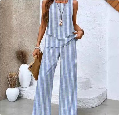 CÉLIA – Ensemble sans manches femme imprimé | Gilet fluide à double couche & pantalon droit