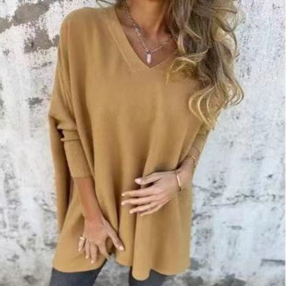 JESSI - Pull Long Femme à Manches Longues Tricoté Col V Coupe Ample