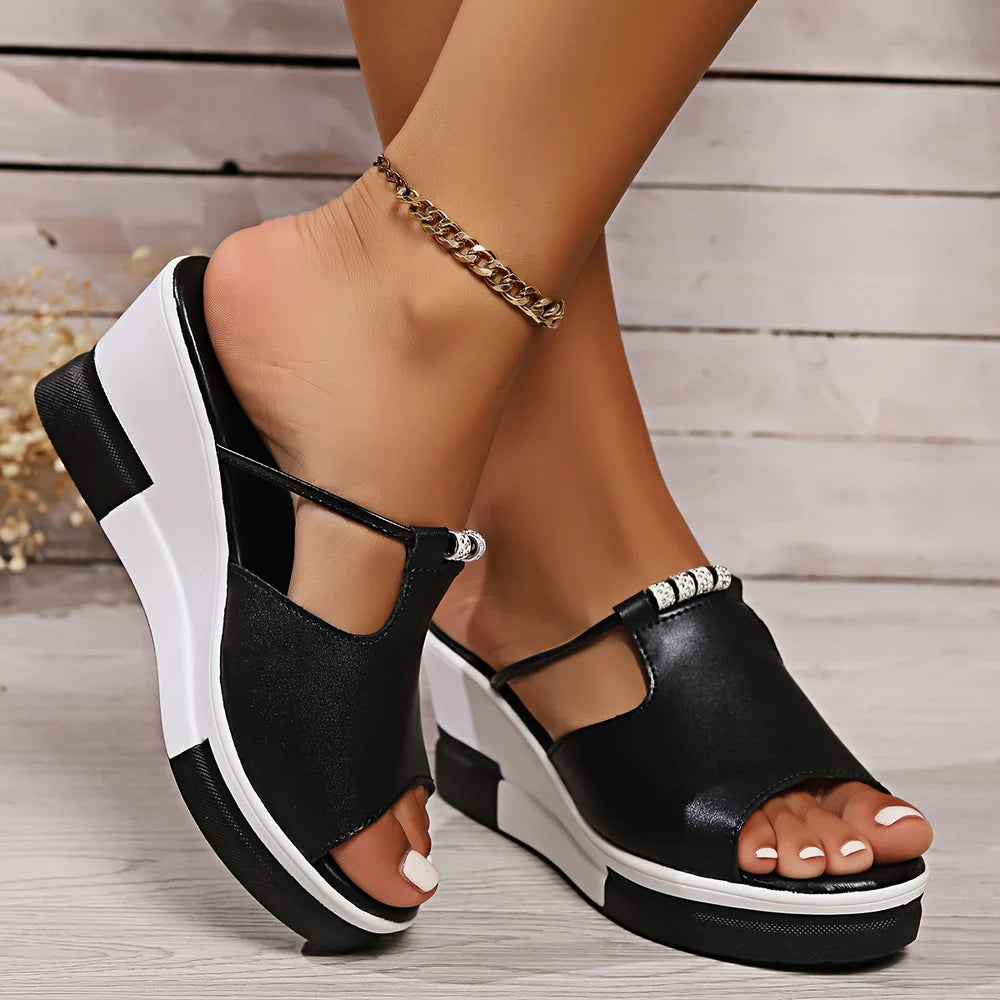 ALINE – Mules compensées pour femme en PU avec strass scintillants et semelle plateforme