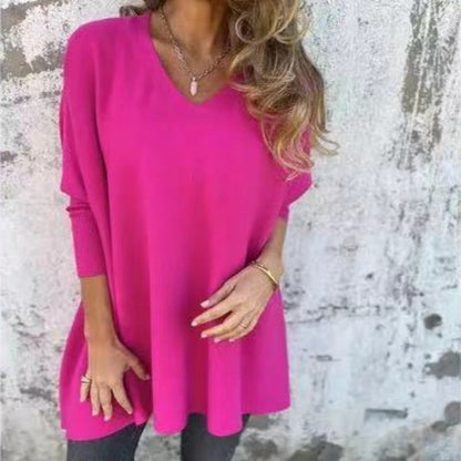 JESSI - Pull Long Femme à Manches Longues Tricoté Col V Coupe Ample