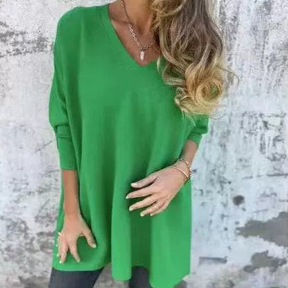 JESSI - Pull Long Femme à Manches Longues Tricoté Col V Coupe Ample