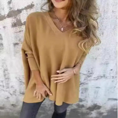 JESSI - Pull Long Femme à Manches Longues Tricoté Col V Coupe Ample