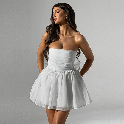 MÉLANIE – Robe bustier en dentelle avec nœud au dos et jupe courte en tulle pour l'été