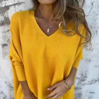 JESSI - Pull Long Femme à Manches Longues Tricoté Col V Coupe Ample