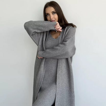 Ensemble Tricoté 2 Pièces Robe Longue Slim et Cardigan Ample Femme Printemps/Automne