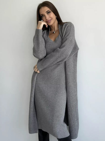 Ensemble Tricoté 2 Pièces Robe Longue Slim et Cardigan Ample Femme Printemps/Automne