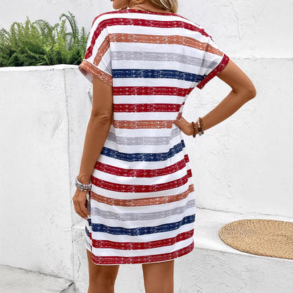 ÉLODIE – Robe d'été à rayures multicolores pour femme avec boutons et col en V  Style décontracté chic