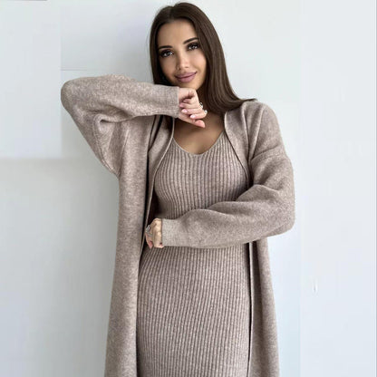 Ensemble Tricoté 2 Pièces Robe Longue Slim et Cardigan Ample Femme Printemps/Automne