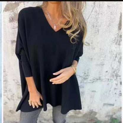 JESSI - Pull Long Femme à Manches Longues Tricoté Col V Coupe Ample