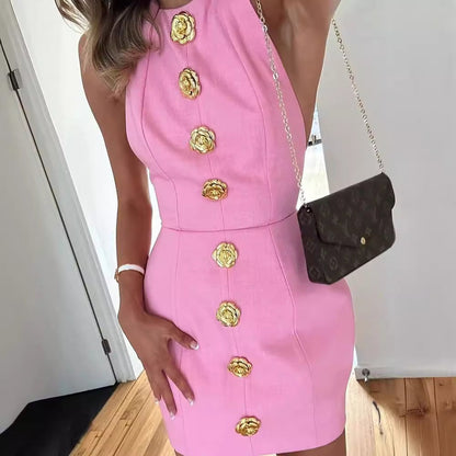 JULIETTE – Robe dos nu sans manches avec boutons roses décoratifs | Mode estivale féminine tendance